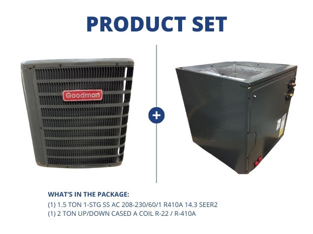 1.5 Ton 1-Stg SS AC 208-230/60/1 R410A 14.3 SEER2 with 2 Ton Up/Down Cased A Coil R-22 / R-410A