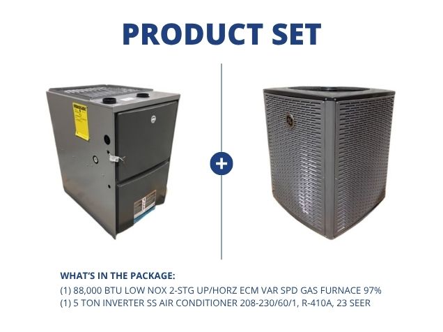 88,000 BTU Low NOx 2-Stg Up/Horz ECM Var Spd Gas Furnace 97% with 5 Ton Inverter SS AC R410A 23 SEER