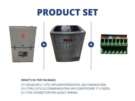 100,000 BTU 1-Stg Up/Horz Gas Furnace 80% and 5 Ton 2-Stg SS Comm AC 17.5 SEER2 with 7 Pin Connector