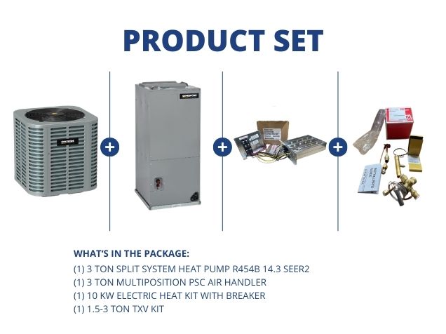 3 Ton SS HP R454B 14.3 SEER2, 3 Ton Multi Air Handler, 10KW Heat Kit with Breaker, 1.5-3 Ton TXV Kit