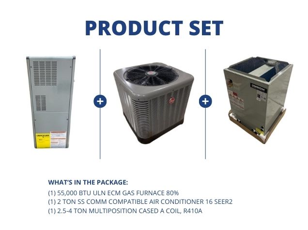 55,000 BTU ULN ECM Gas Furnace 80%, 2 Ton SS Comm Compatible AC 16 SEER2 with 2.5-4 Ton Multi A Coil