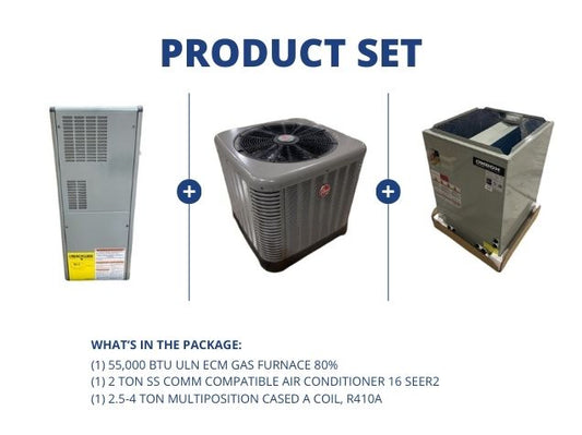 55,000 BTU ULN ECM Gas Furnace 80%, 2 Ton SS Comm Compatible AC 16 SEER2 with 2.5-4 Ton Multi A Coil