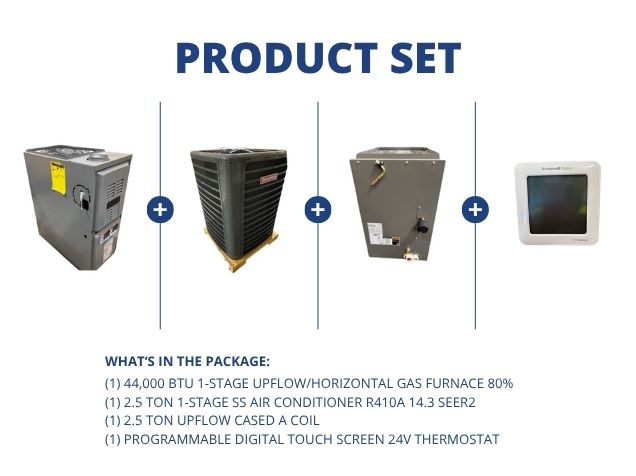 44,000 BTU Up/Horz Gas Furnace 80%, 2.5 Ton AC 14.3 SEER2, 2.5 Ton Upflow A Coil and 24V Thermostat