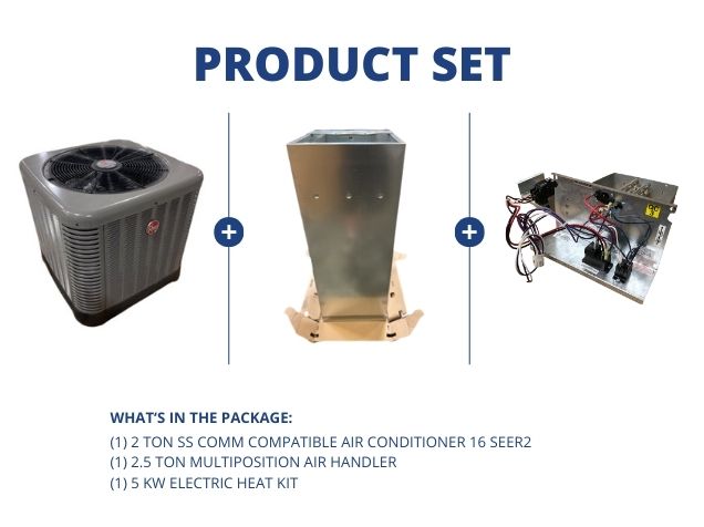 2 Ton SS Comm Compatible AC 16 SEER2, 2.5 Ton Multiposition Air Handler and 5 kW Electric Heat Kit