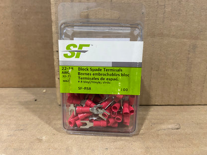 18-22 AWG Block Spade Terminals #8 Vinyl *Sold As 100 Pack*