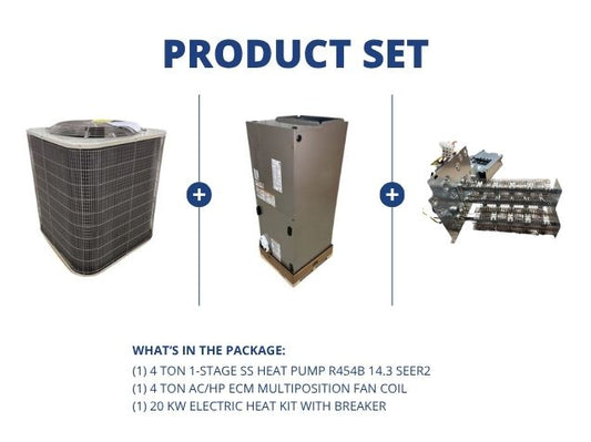 4 Ton 1-Stage SS Heat Pump R454B 14.3 SEER2, 4 Ton AC/HP ECM Multiposition Fan Coil with 20 KW Heat