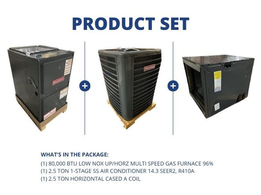80,000 BTU Low NOx Up/Horz Gas Furnace 96%, 2.5 Ton AC 14.3 SEER2 and 2.5 Ton Horizontal Cased Coil