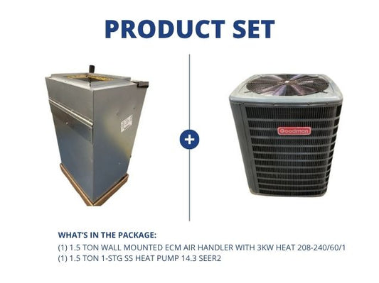 1.5 Ton Wall Mounted ECM Air Handler with 3KW Heat 208-240/60/1 and 1.5 Ton 1-Stg SS HP 14.3 SEER2