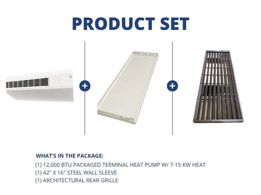 12,000 BTU Packaged Terminal Heat Pump W/ 7-15 KW Heat, 42" x 16" Steel Wall Sleeve with Rear Grille