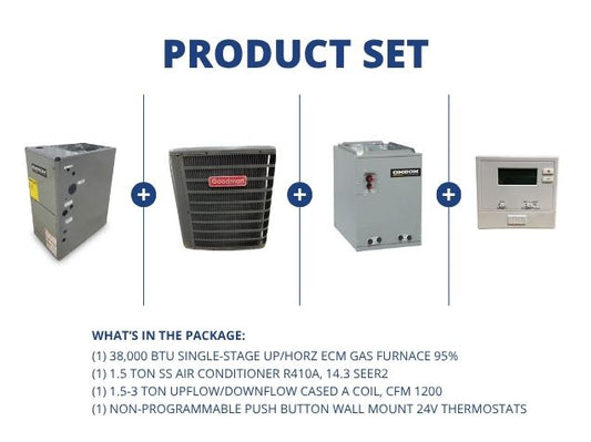 38,000 BTU Up/Horz Gas Furnace 95%, 1.5 Ton AC 14.3 SEER2, 1.5-3 Ton Up/Down Cased Coil, Thermostat