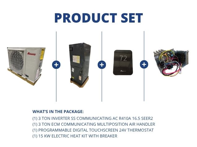 3 Ton Inverter Comm AC 16.5 SEER2, 3 Ton ECM Comm Multi Air Handler,  24V Thermostat and 15KW Heat