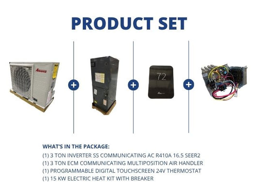 3 Ton Inverter Comm AC 16.5 SEER2, 3 Ton ECM Comm Multi Air Handler,  24V Thermostat and 15KW Heat