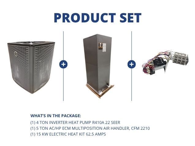 4 Ton Inverter HP R410A 22 SEER, 5 Ton AC/HP ECM Multiposition Air Handler with 15KW Heat, 62.5 Amps