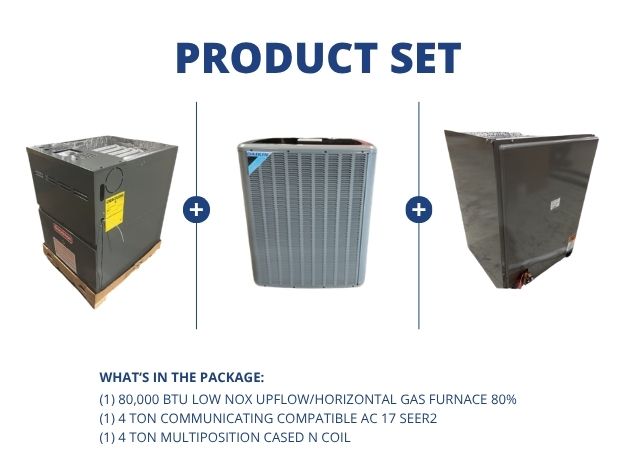 80,000 BTU Low Nox Up/Horz Gas Furnace 80%, 4 Ton Comm Comp AC 17 SEER2 and 4 Ton Multi Cased N Coil