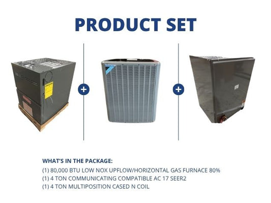 80,000 BTU Low Nox Up/Horz Gas Furnace 80%, 4 Ton Comm Comp AC 17 SEER2 and 4 Ton Multi Cased N Coil