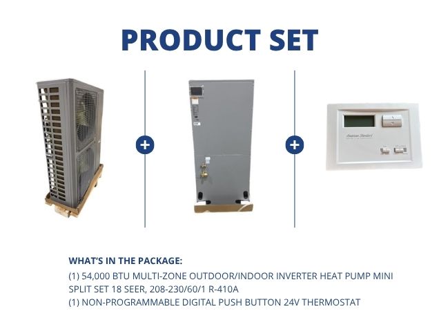 54,000 BTU Multi-Zone Outdoor/Indoor Inverter HP Mini Split Set 18 SEER, R-410A with 24V Thermostat