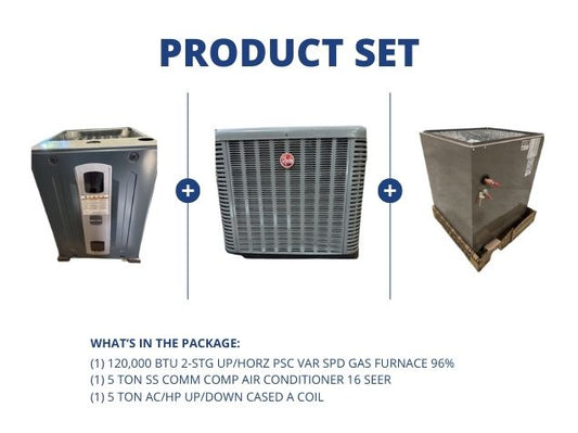 120,000 BTU Up/Horz Gas Furnace 96%, 5 Ton SS Comm Comp AC 16 SEER with 5 Ton Up/Down Cased A Coil