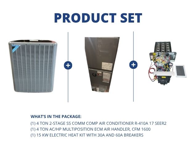 4 Ton SS Comm Comp AC 17 SEER2, 4 Ton Multiposition Air Handler, 15 kW Heat w/ 30A and 60A Breakers