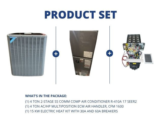 4 Ton SS Comm Comp AC 17 SEER2, 4 Ton Multiposition Air Handler, 15 kW Heat w/ 30A and 60A Breakers