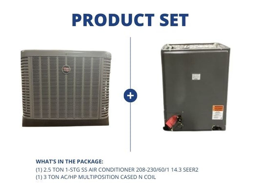 2.5 Ton 1-Stg SS Air Conditioner 208-230/60/1 14.3 SEER2 with 3 Ton AC/HP Multiposition Cased N Coil