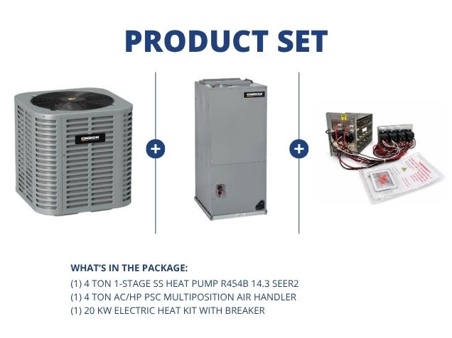 4 Ton 1-Stg SS Heat Pump R454B 14.3 SEER2, 4 Ton AC/HP PSC Multiposition Air Handler with 20KW Heat