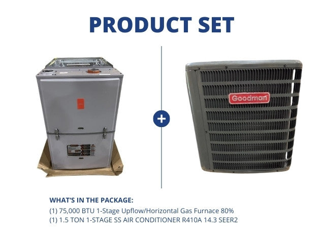 75,000 BTU 1-Stage Up/Horz Gas Furnace 80% with 1.5 Ton 1-Stage SS Air Conditioner R410A 14.3 SEER2