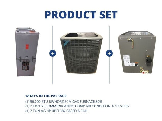 50,000 BTU Up/Horz ECM Gas Furnace 80%, 2 Ton SS Comm Comp AC 17 SEER2 and 2 Ton Upflow Cased A Coil