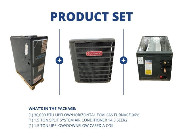 30,000 BTU Up/Horz ECM Gas Furnace 96% and 1.5 Ton SS AC 14.3 SEER2 and 1.5 Ton Up/Down Cased A Coil
