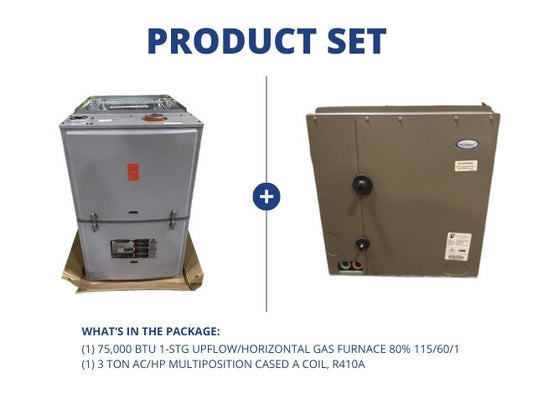 75,000 BTU 1-Stg Up/Horz Gas Furnace 80% 115/60/1 with 3 Ton AC/HP Multiposition Cased A Coil, R410A