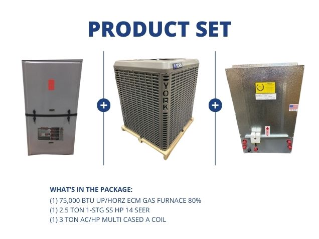 75,000 BTU Up/Horz Gas Furnace 80%, 2.5 Ton 1-Stg SS HP 14 SEER with 3 Ton AC/HP Multi Cased A Coil
