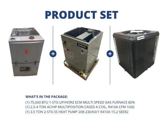 75,000 BTU Up/Horz Gas Furnace 80%, 2.5-4 Ton Multi Cased A Coil and 3.5 Ton 2-Stg SS HP 15.2 SEER2