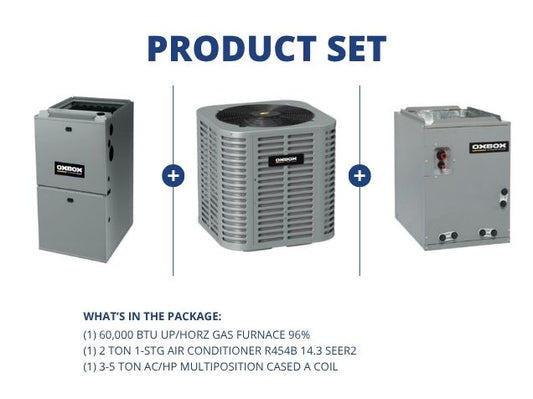 60,000 BTU Up/Horz Gas Furnace 96%, 2 Ton 1-Stg AC R454B 14.3 SEER2 and 1.5-3 Ton Multi Cased A Coil