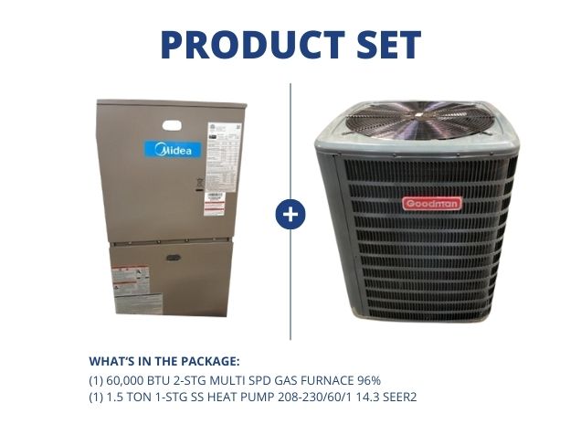 60,000 BTU 2-Stg Multi Spd Gas Furnace 96% with 1.5 Ton 1-Stg SS Heat Pump 208-230/60/1 14.3 SEER2