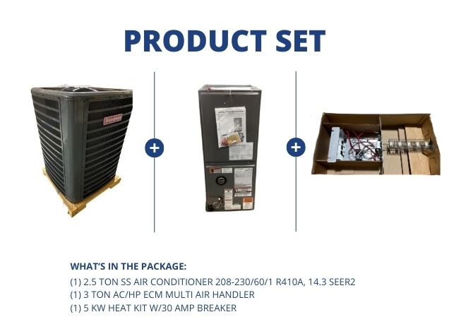 2.5 Ton SS AC R410A 14.3 SEER2, 3 Ton AC/HP ECM Multi Air Handler and 5 kW Heat Kit w/30A Breaker