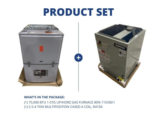 75,000 BTU 1-Stg Up/Horz Gas Furnace 80% 115/60/1 with 2.5-4 Ton Multiposition Cased A Coil, R410A