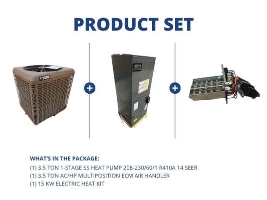 3.5 Ton 1-Stage SS Heat Pump R410A 14 SEER, 3.5 Ton Multiposition ECM Air Handler and 15 kW Heat Kit