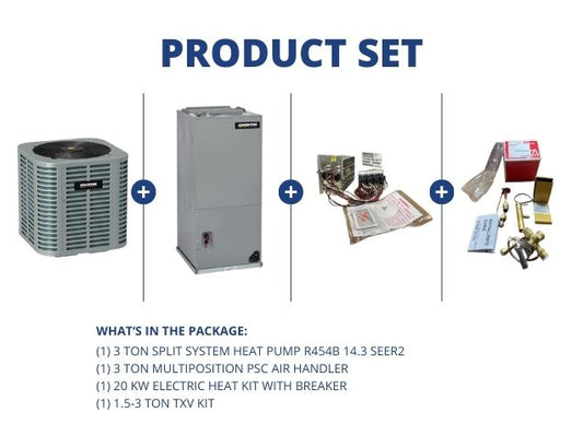 3 Ton SS HP R454B 14.3 SEER2, 3 Ton Multi Air Handler, 20KW Heat Kit with Breaker, 1.5-3 Ton TXV Kit