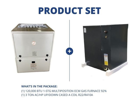 120,000 BTU 1-Stg Multiposition ECM Gas Furnace 92% with 3 Ton AC/HP Up/Down Cased A Coil R22/R410A