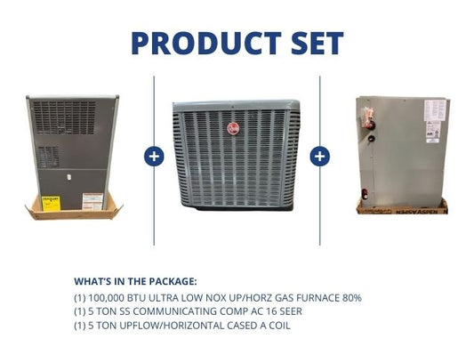 100,000 BTU Ultra Low NOx Up/Horz Gas Furnace 80%, 5 Ton Comm Comp AC 16 SEER, 5 Ton Up/Horz A Coil