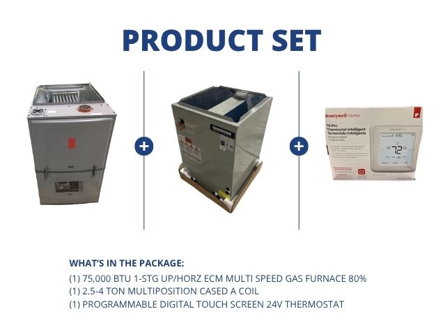 75,000 BTU 1-Stg Up/Horz ECM Gas Furnace 80% with 2.5-4 Ton Multiposition A Coil and 24V Thermostat