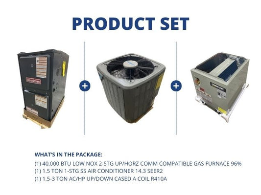 40,000 BTU Low NOx Comm Comp Gas Furnace 96%, 1.5 Ton AC 14.3 SEER2 with 1.5-3 Ton Up/Down A Coil