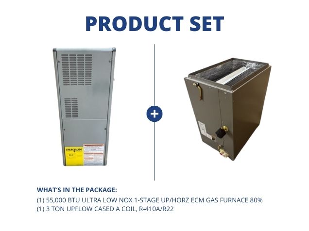 55,000 BTU Ultra Low NOx 1-Stg Up/Horz ECM Gas Furnace 80% and 3 Ton Upflow Cased A Coil, R-410A/R22