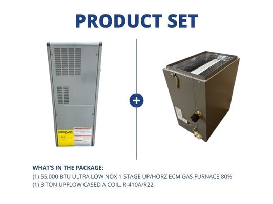 55,000 BTU Ultra Low NOx 1-Stg Up/Horz ECM Gas Furnace 80% and 3 Ton Upflow Cased A Coil, R-410A/R22