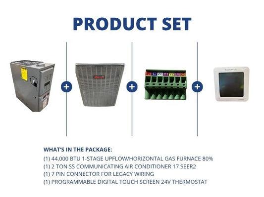 44,000 BTU 1-Stg Up/Horz Gas Furnace 80%, 2 Ton Comm AC 17 SEER2, 7 Pin Connector and 24V Thermostat