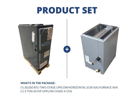 30,000 BTU Two-Stage Up/Horz ECM Gas Furnace 96% AFUE 115/60/1 and 3 Ton AC/HP Upflow Cased A Coil