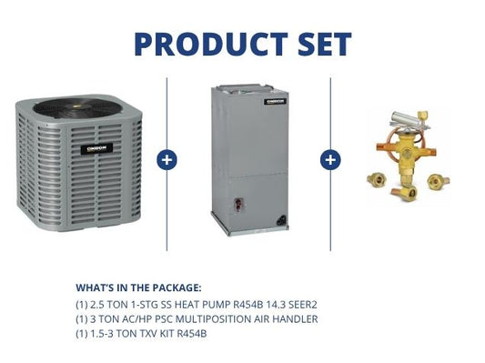 2.5 Ton 1-Stg SS Heat Pump R454B 14.3 SEER2, 3 Ton AC/HP PSC Multiposition Air Handler with TXV Kit