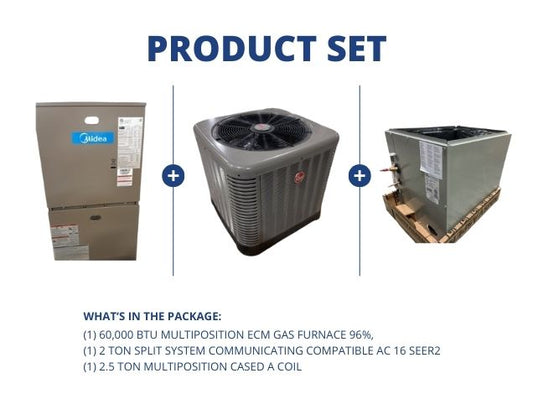 60,000 BTU ECM Gas Furnace 96%, 2 Ton SS Comm Compatible AC 16 SEER2 and 2.5 Ton Multi Cased A Coil