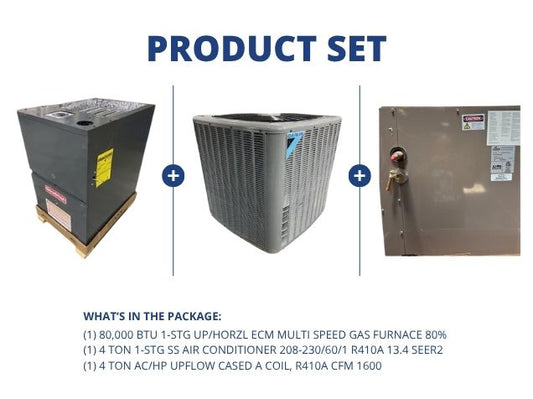 80,000 BTU Up/Horz ECM Gas Furnace 80%, 4 Ton SS AC R410A 13.4 SEER2 and 4 Ton Upflow Cased A Coil