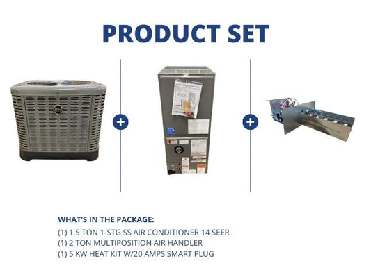 1.5 Ton 1-Stg SS AC 14 SEER, 2 Ton ECM Multiposition Air Handler and 5 Kw Heat w/20 Amps Smart Plug