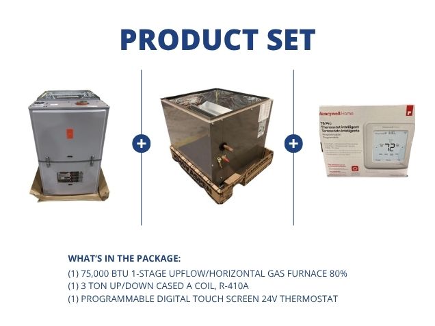 75,000 BTU 1-Stg Upflow/Horizontal Gas Furnace 80%, 3 Ton Up/Down Cased A Coil with 24V Thermostat